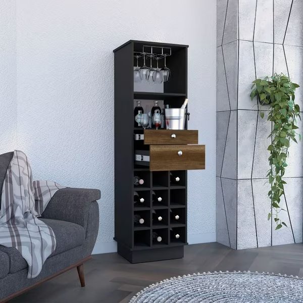 Classic Bar Cabinet, Two Drawers, Twelve Built-in Wine Rack-Black/Walnut, Tuhome, Mfr#: BWC7893
